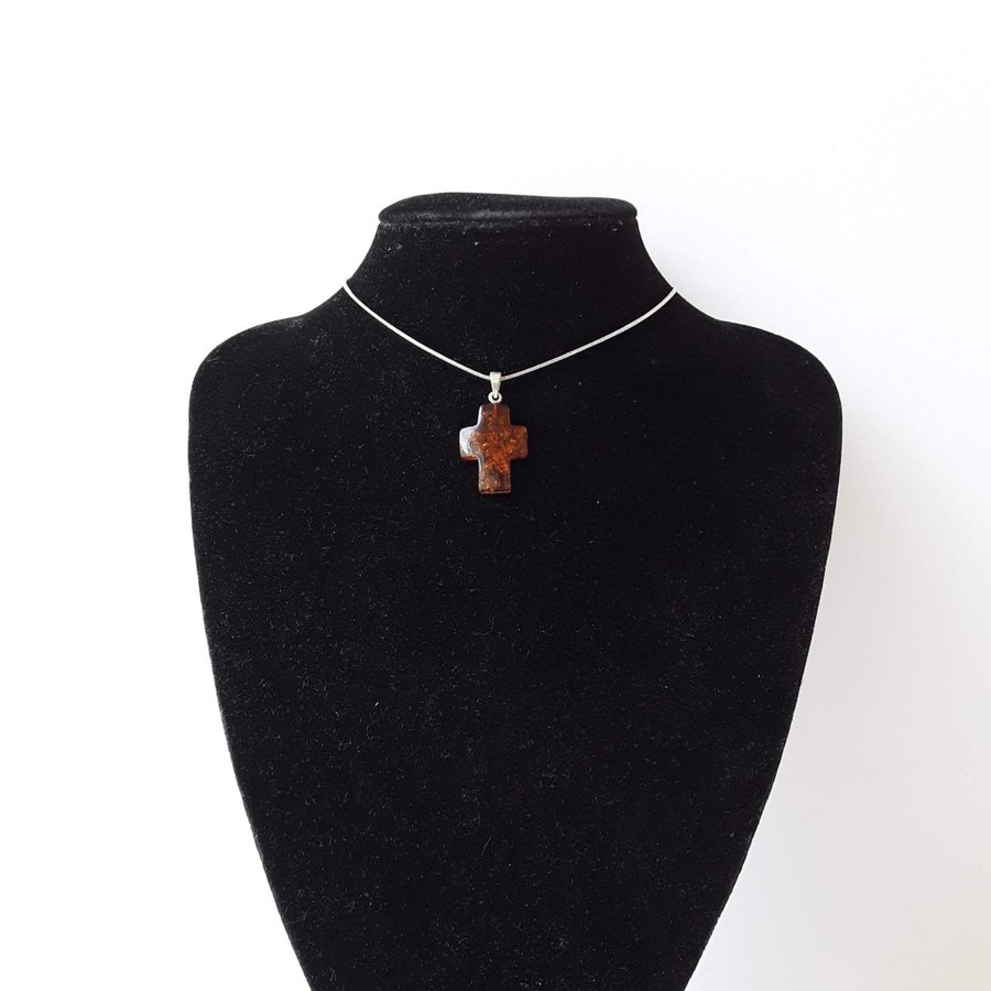 Baltic amber gemstone cross pendant necklace Brown cognac amber Catholic jewelry