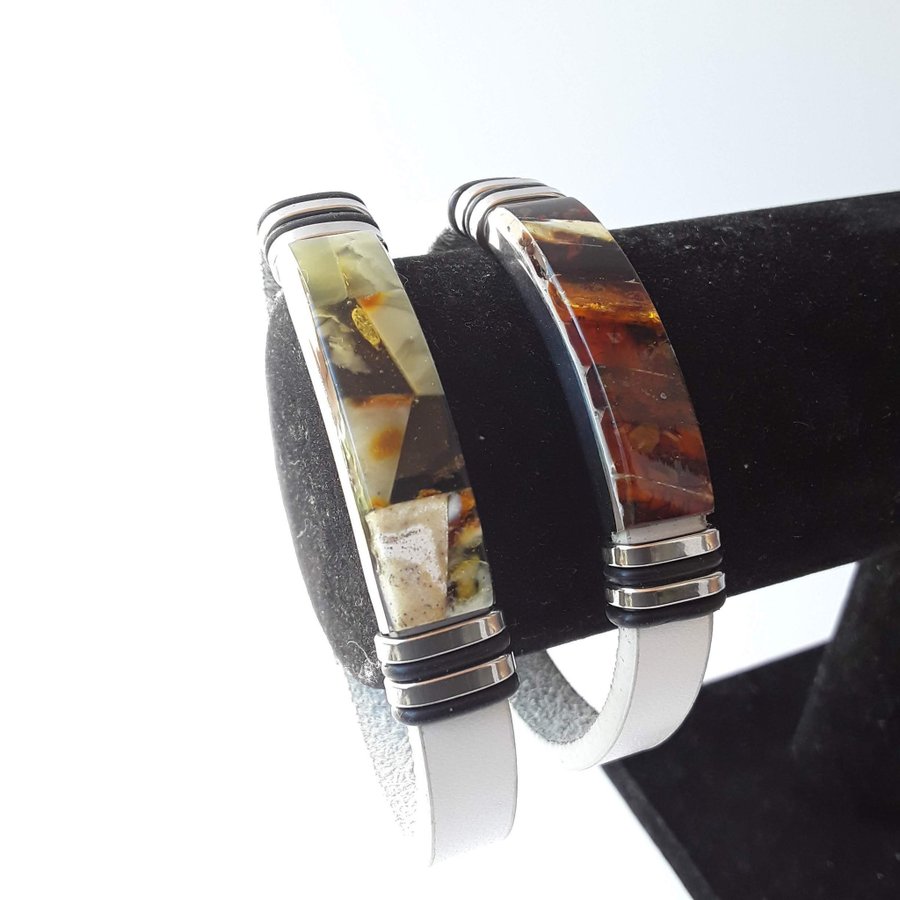 Baltic amber and white leather bracelet Unisex natural leather and gem bracelet