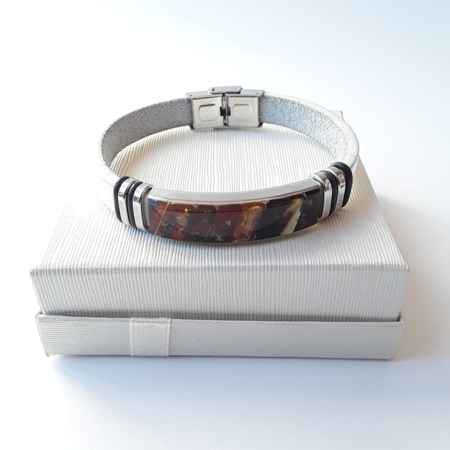 Baltic amber and white leather bracelet Unisex natural leather and gem bracelet