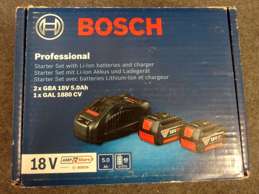 2 x batterier BOSCH GBA 18V 50Ah + laddare GAL 1880 CV Helt Nytt