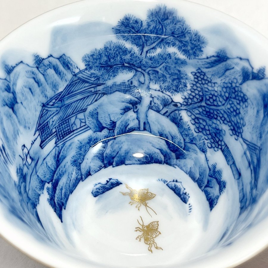 Kinesisk tekopp med lock tekanna Sang de boeuf vitblå emaljkonst handmålade