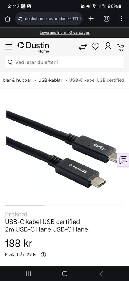 USB-C kabel USB certified 2m USB-C Hane USB-C Hane