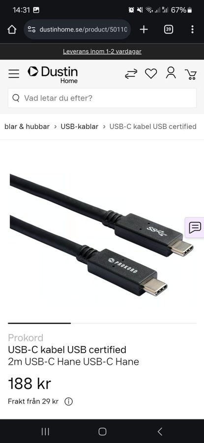 USB-C kabel USB certified 2m USB-C Hane USB-C Hane