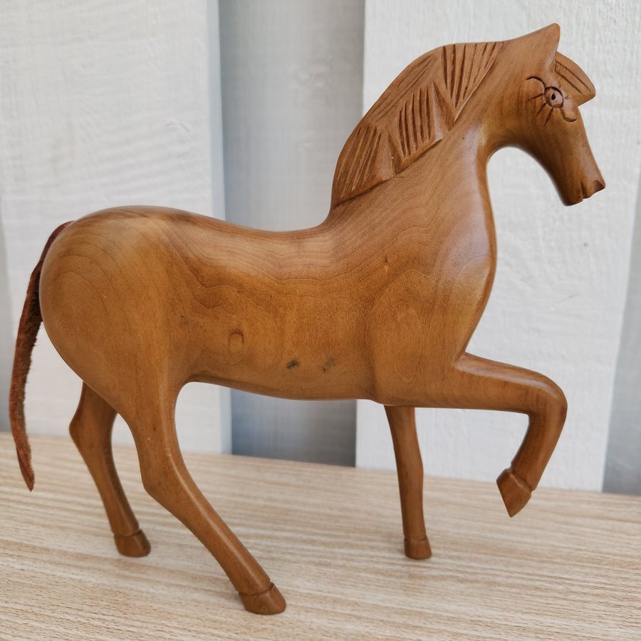 Exquisite Hand-Carved Wooden Horse Sculpture with Leather Tail