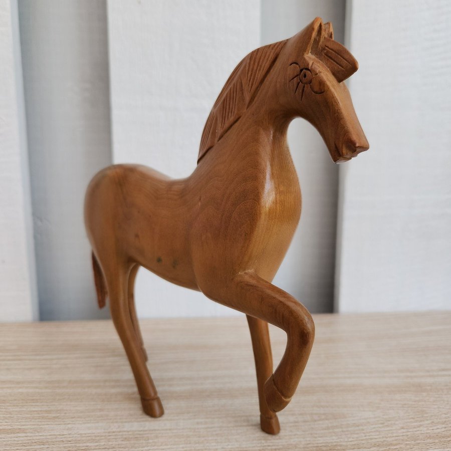 Exquisite Hand-Carved Wooden Horse Sculpture with Leather Tail