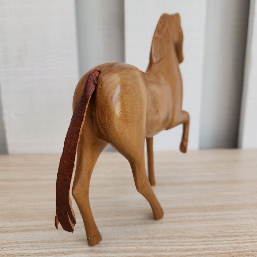 Exquisite Hand-Carved Wooden Horse Sculpture with Leather Tail