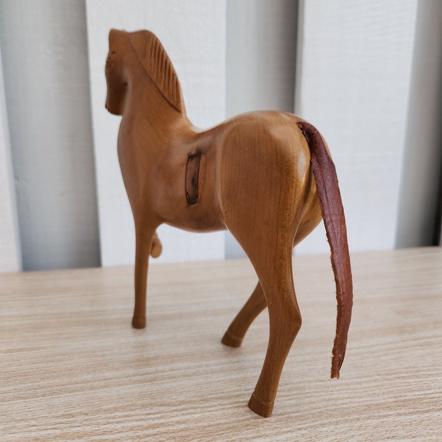 Exquisite Hand-Carved Wooden Horse Sculpture with Leather Tail