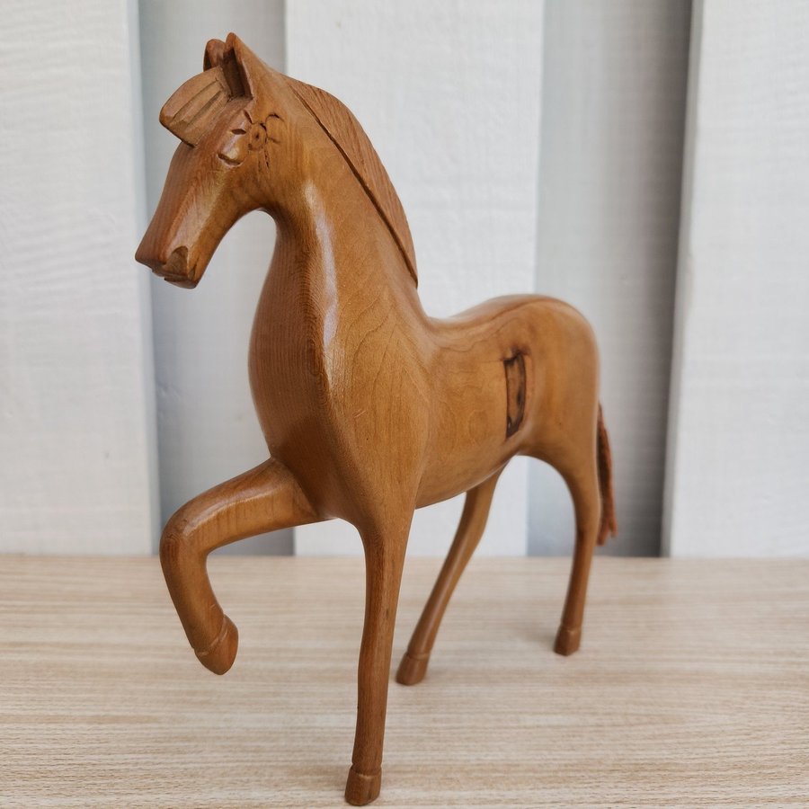 Exquisite Hand-Carved Wooden Horse Sculpture with Leather Tail