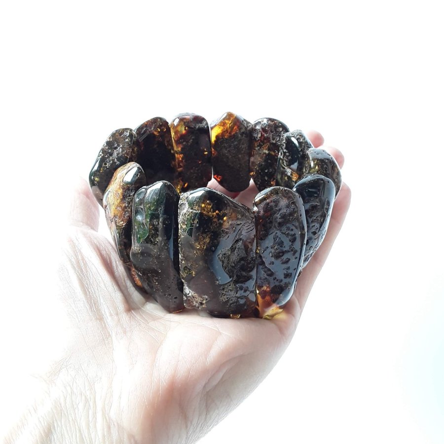 Wide dark Baltic amber bracelet for women Stretch black gemstone amber bracelet