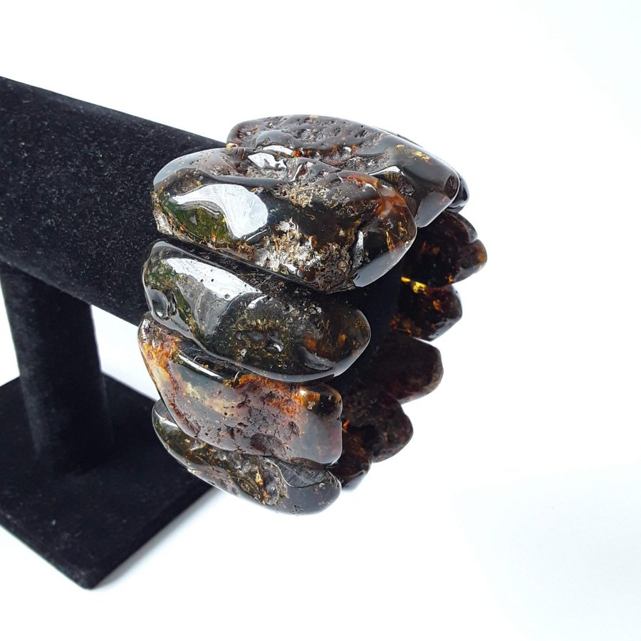 Wide dark Baltic amber bracelet for women Stretch black gemstone amber bracelet