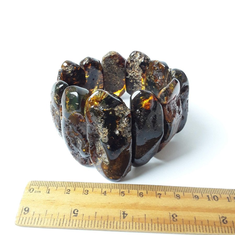 Wide dark Baltic amber bracelet for women Stretch black gemstone amber bracelet