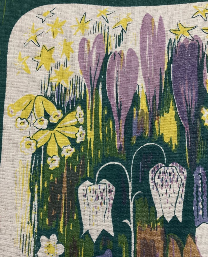 Ilse Roempke Textiltryck Gamlestads Konsthantverk "Vårblommor" Retro Väggbonad