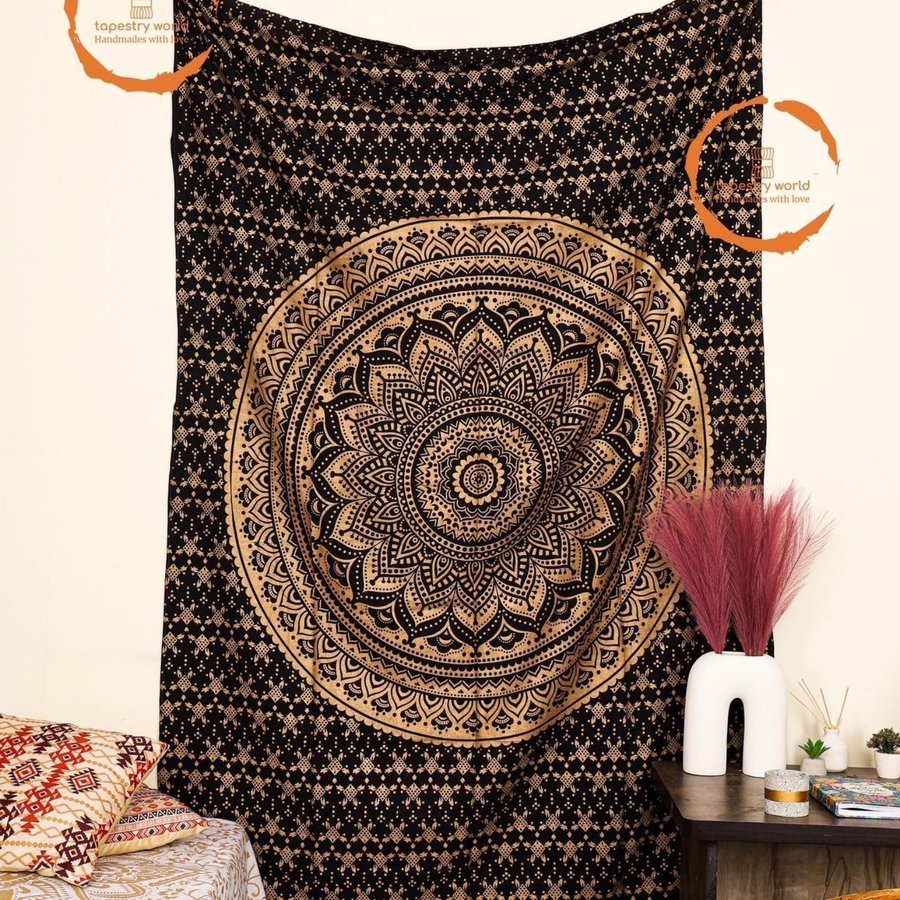 Black Gold Mandala Wall Hanging Indian Mandala Tapestry Room Carpet