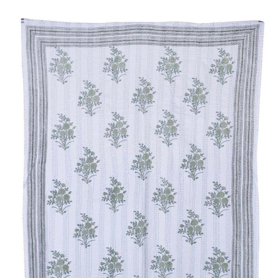 Indian Floral Print Handmade Kantha Quilt Coverlet Blanket Throw