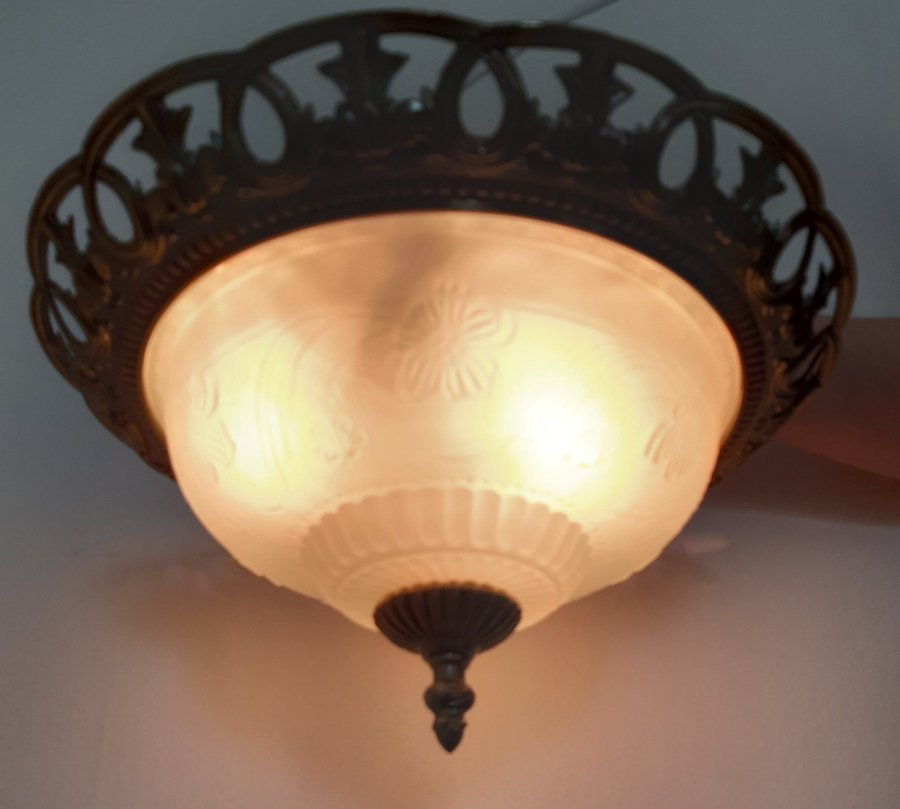 RETRO COTTEX TAKPLAFOPND D35cm TAKLAMPA PLAFOND MÄSSING GLAS LAMPA BELYSNING