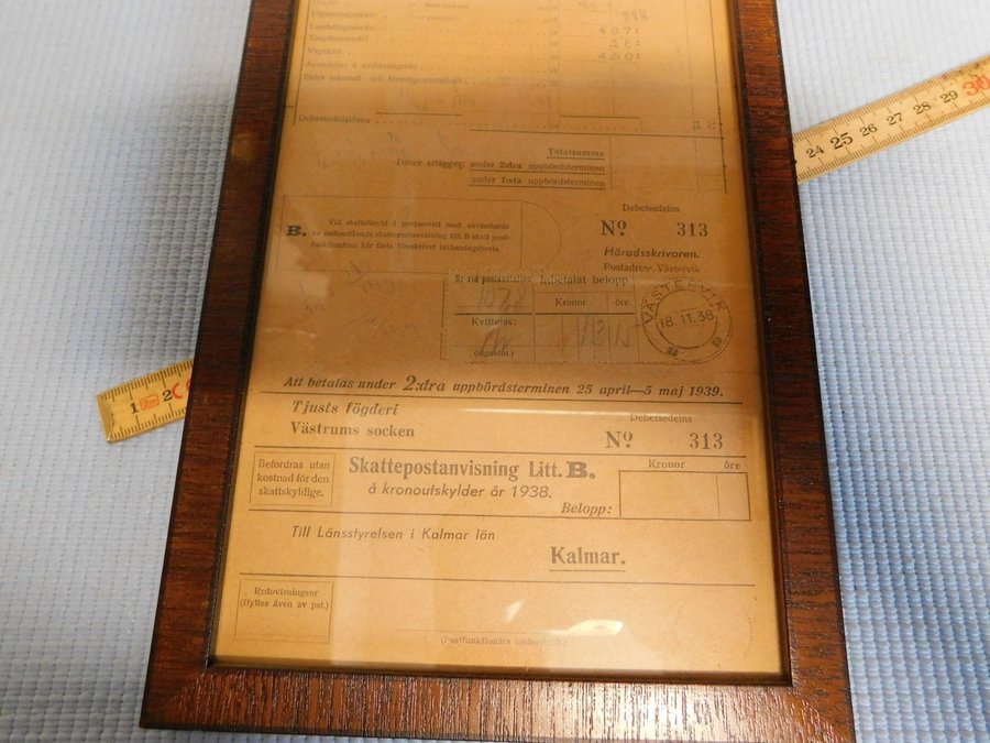 Kronodebetsedel 1938 I Antik Träram 38 x 17 cm Västrum Antik Skattsedel I Ram