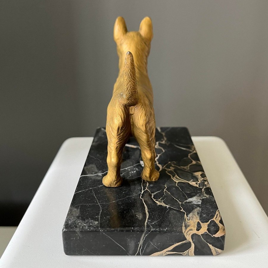 HUND MÄSSING MARMOR - brevpress sten skotsk terrier gjuten art deco figurin pryl