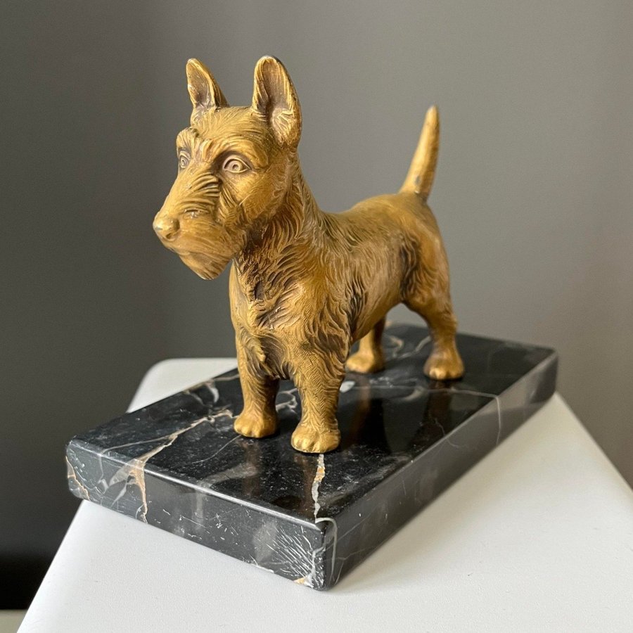 HUND MÄSSING MARMOR - brevpress sten skotsk terrier gjuten art deco figurin pryl