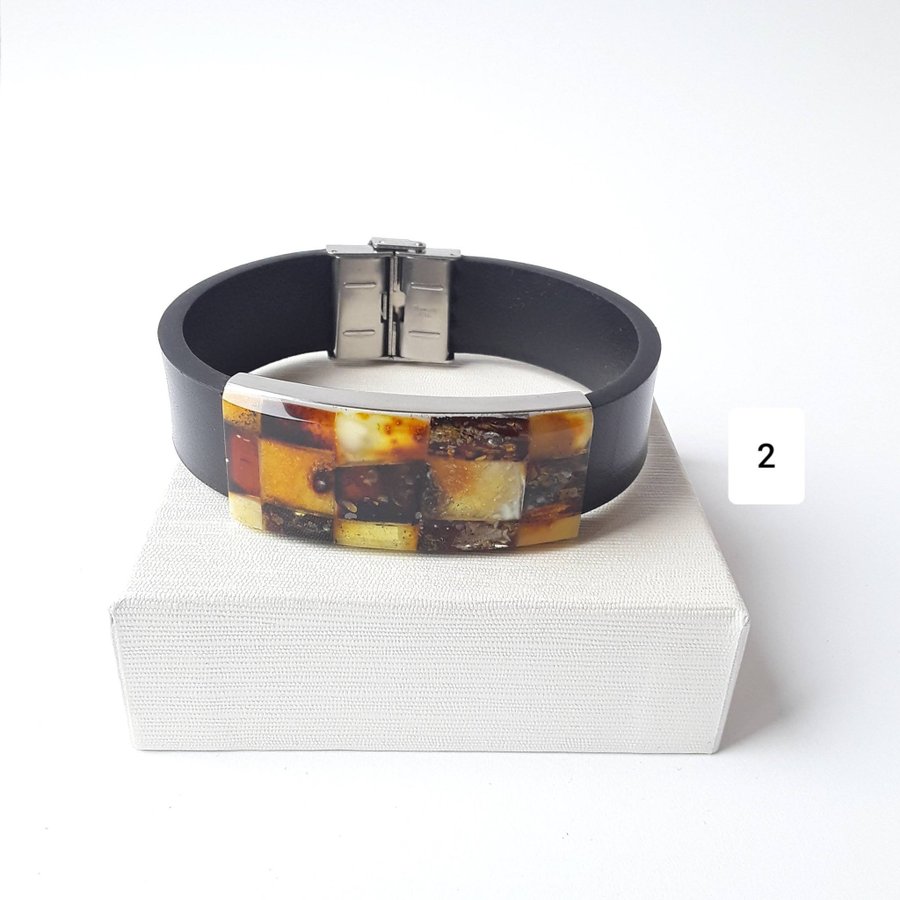 Baltic amber and black leather bracelet Unisex natural leather and gem bracelet