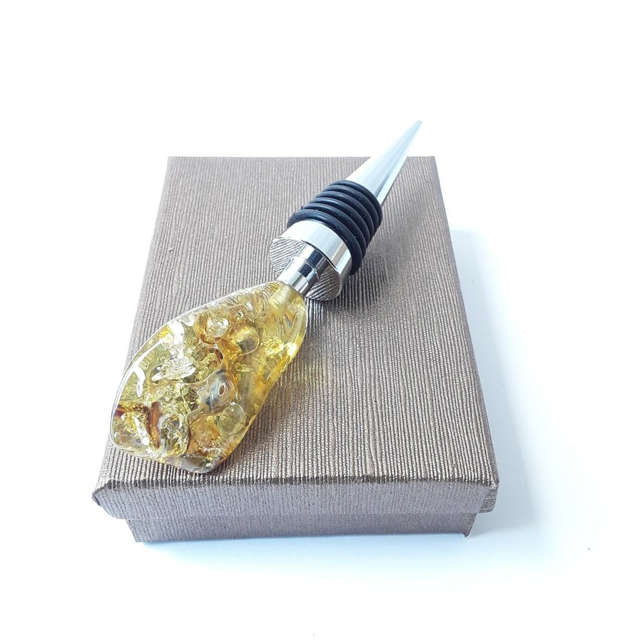 Gemstone cork All bottle stopper with Baltic amber stone Metal decorative cork