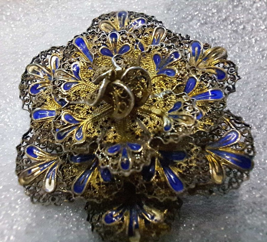 Vintage Sterling BROOCH PIN Topazio Portugal Filigree Flower Blue Enamel SILVER