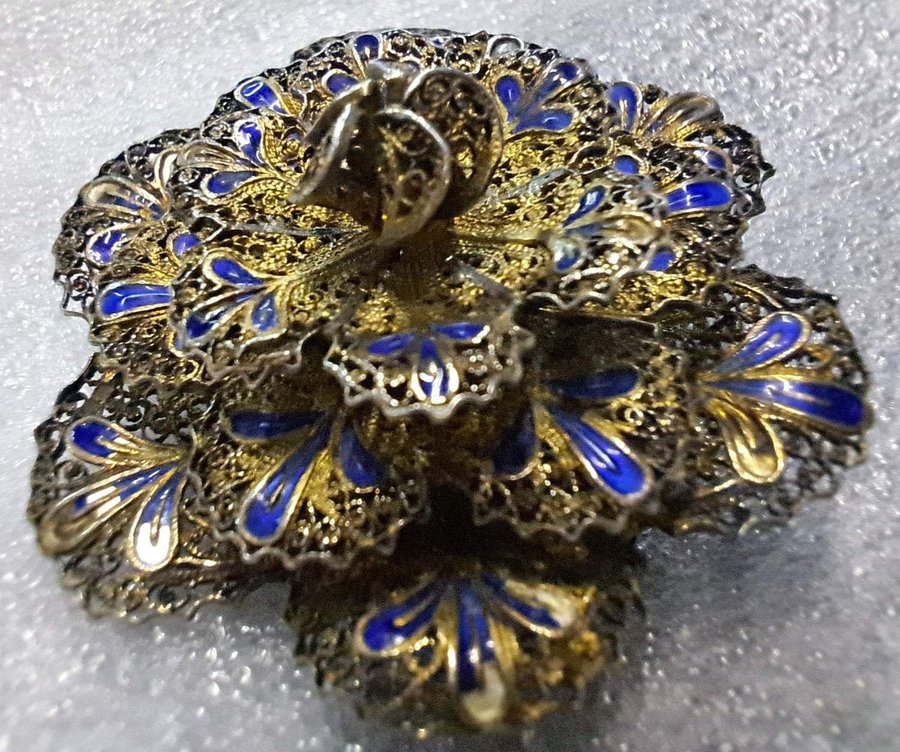 Vintage Sterling BROOCH PIN Topazio Portugal Filigree Flower Blue Enamel SILVER