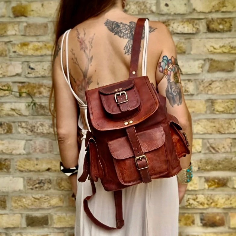 Medium Women's Leather Backpack – Genuine Leather Vintage Hippie Bag Practical