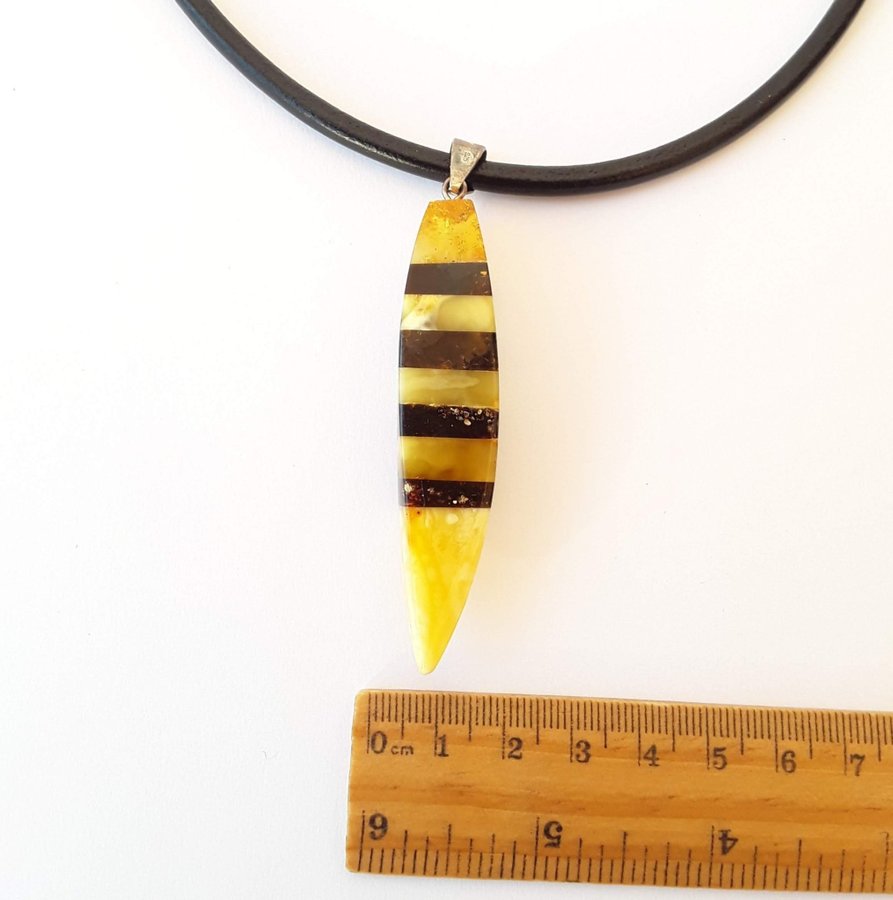 Baltic amber mosaic 925 sterling silver pendant on black natural leather cord