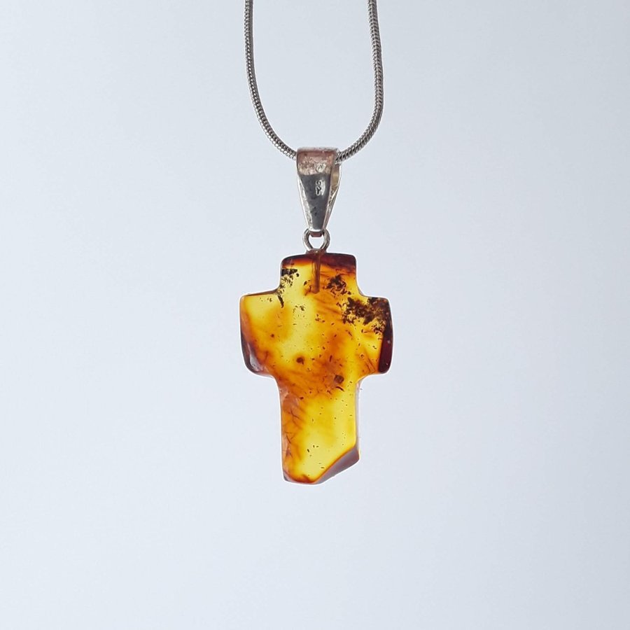 Baltic amber and 925 silver cross pendant necklace Brown amber gemstone on chain