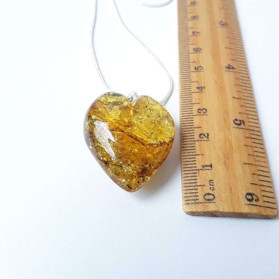 Baltic amber heart pendant necklace Yellow gemstone heart on silver color chain