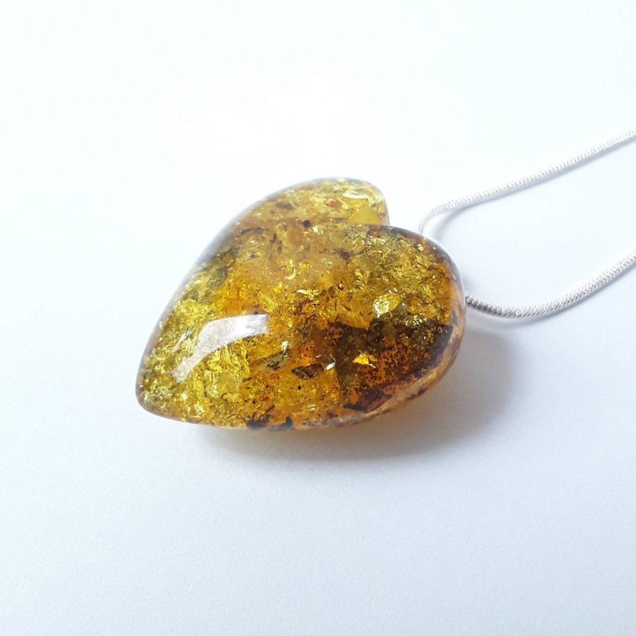 Baltic amber heart pendant necklace Yellow gemstone heart on silver color chain