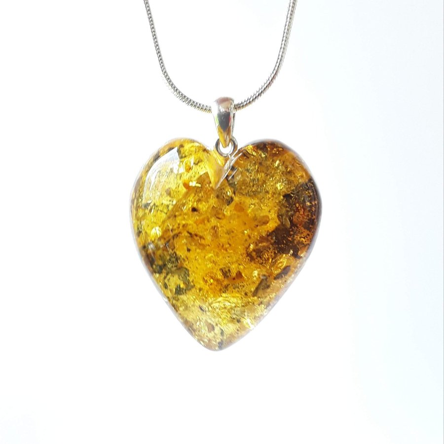 Baltic amber heart pendant necklace Yellow gemstone heart on silver color chain