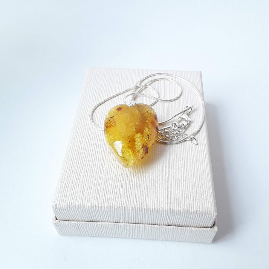 Baltic amber heart pendant necklace Yellow gemstone heart on silver color chain