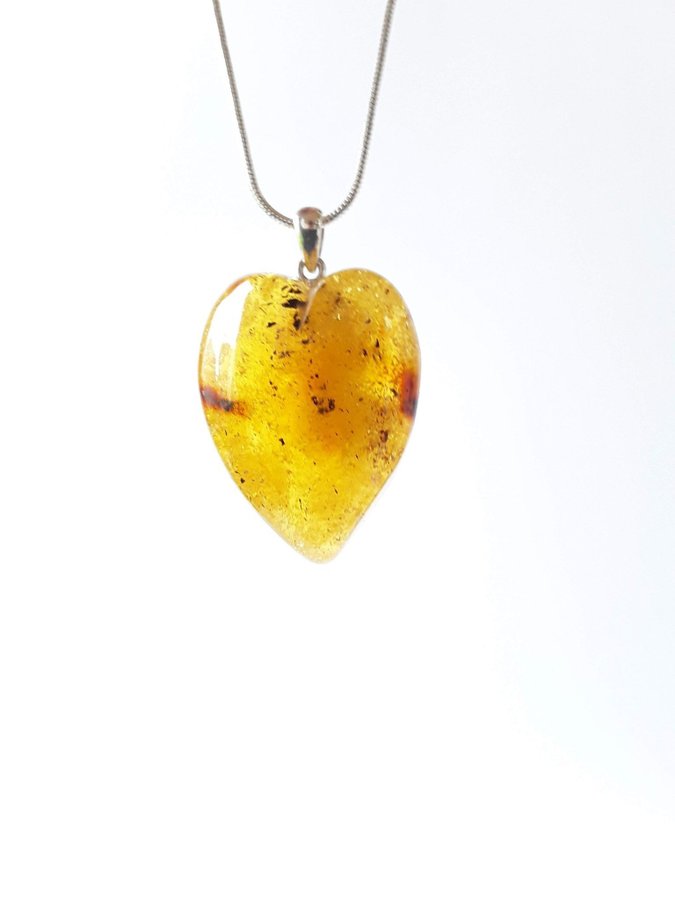 Baltic amber heart pendant necklace Yellow gemstone heart on silver color chain