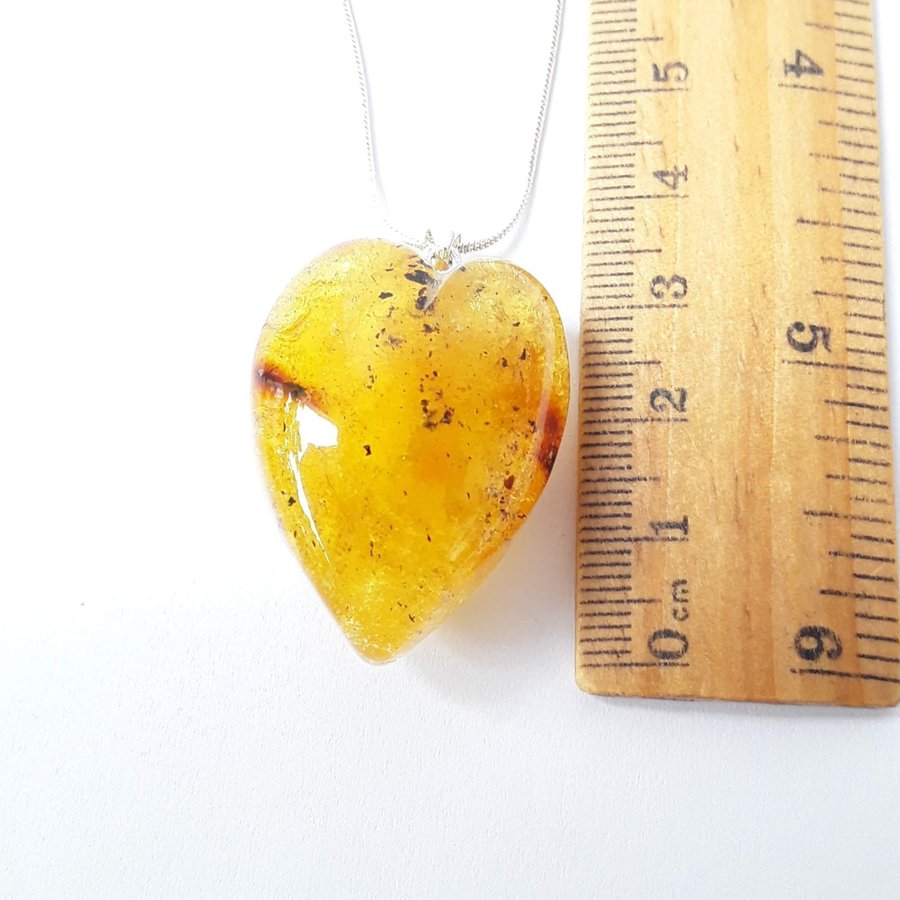 Baltic amber heart pendant necklace Yellow gemstone heart on silver color chain