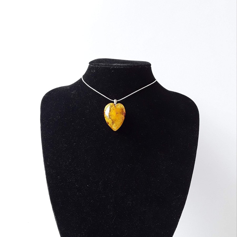 Baltic amber heart pendant necklace Yellow gemstone heart on silver color chain