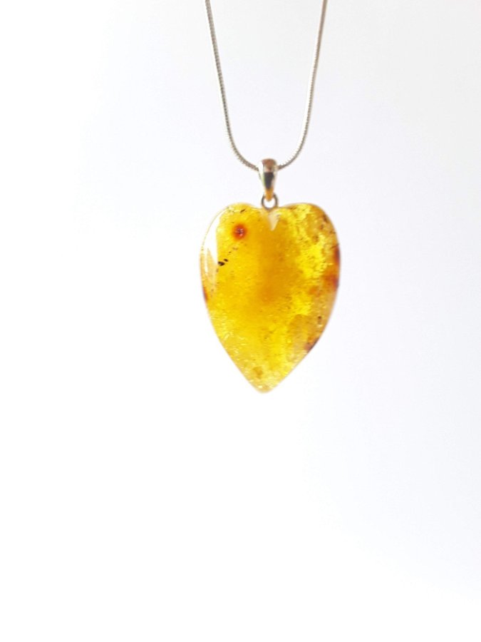 Baltic amber heart pendant necklace Yellow gemstone heart on silver color chain