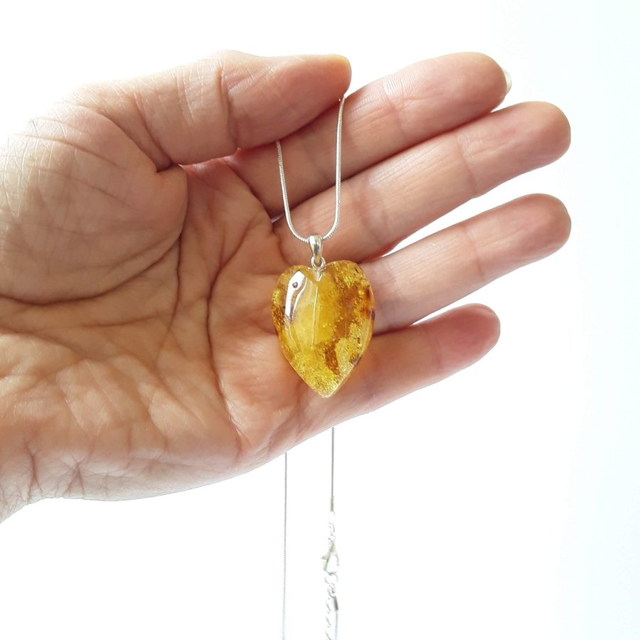 Baltic amber heart pendant necklace Yellow gemstone heart on silver color chain