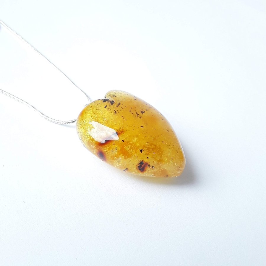 Baltic amber heart pendant necklace Yellow gemstone heart on silver color chain