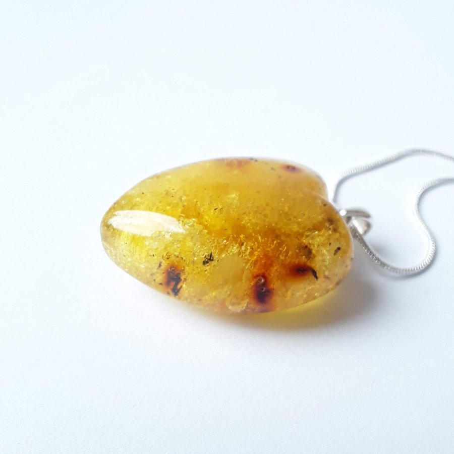 Baltic amber heart pendant necklace Yellow gemstone heart on silver color chain