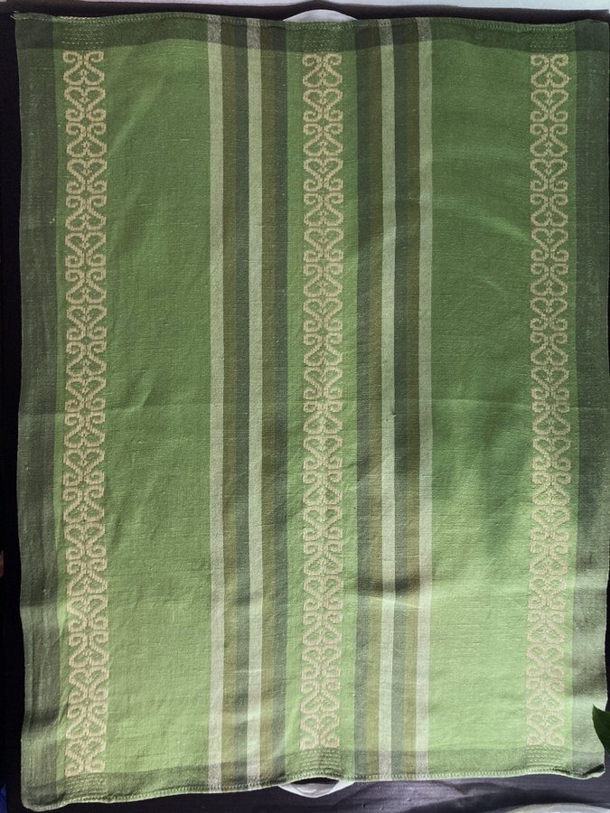 Grön randig kökshandduk broderi retro vintage lin linne bomull