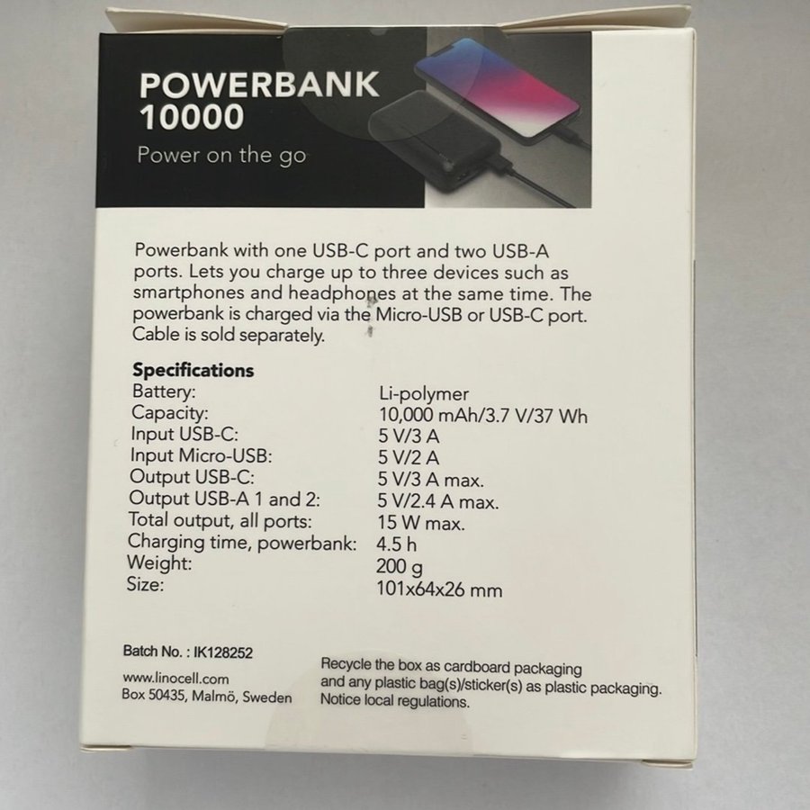 Linocell Powerbank 10000 - OÖPPNAD FÖRPACKNING