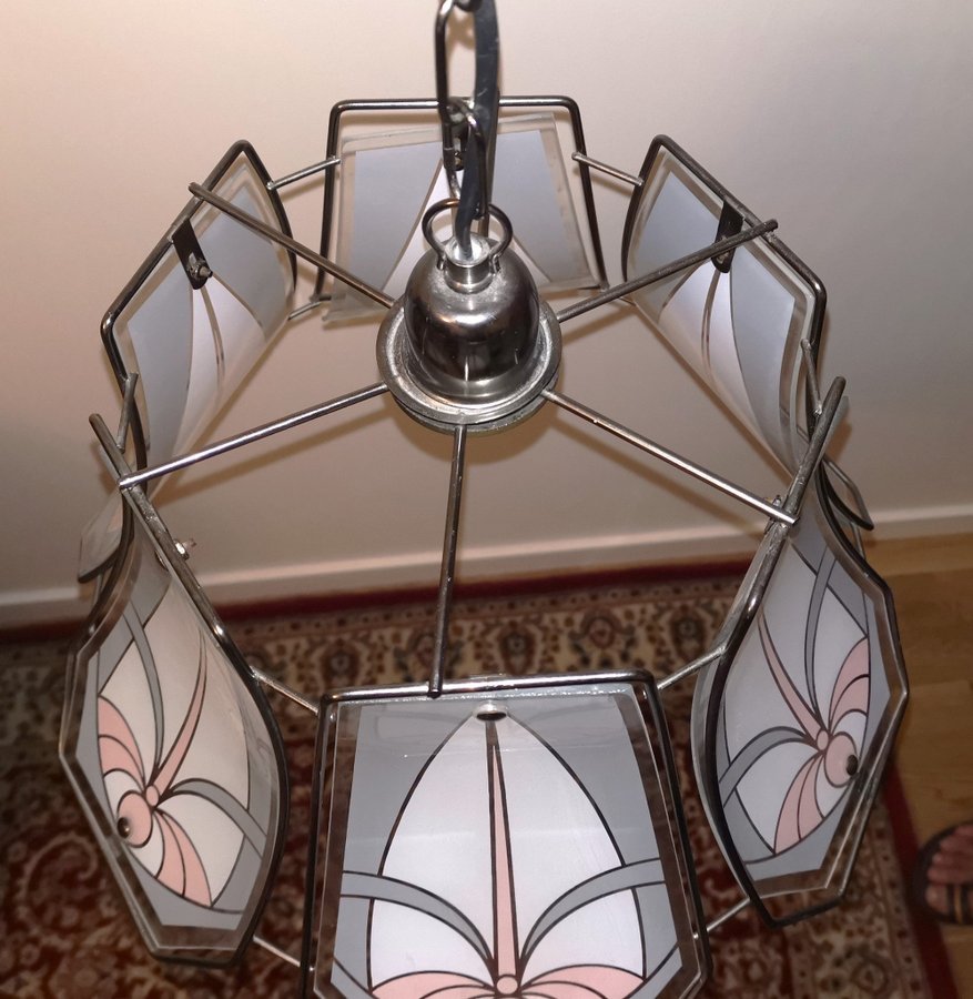 Vintage taklampa målad glas metal stomme