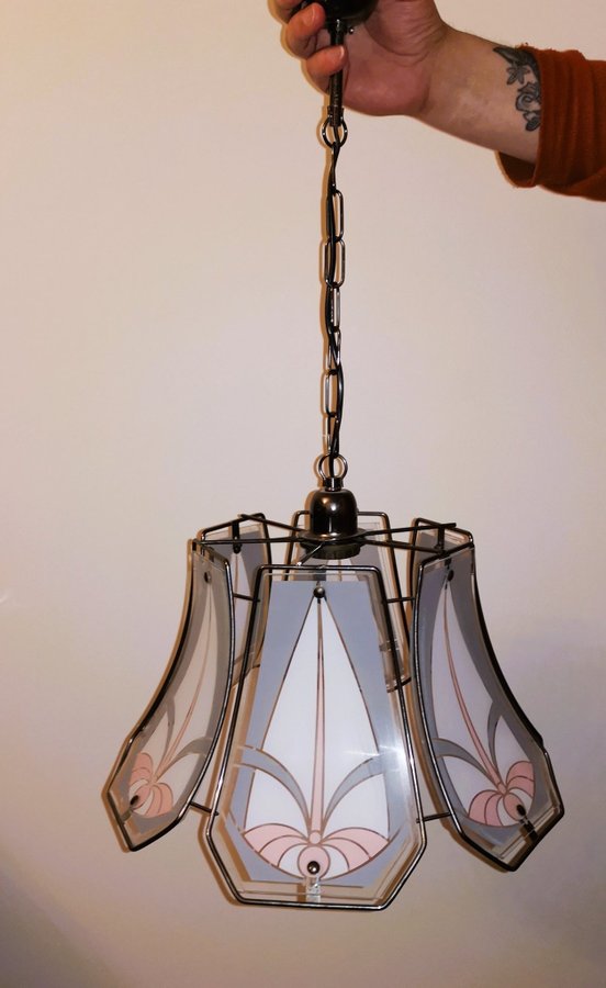 Vintage taklampa målad glas metal stomme
