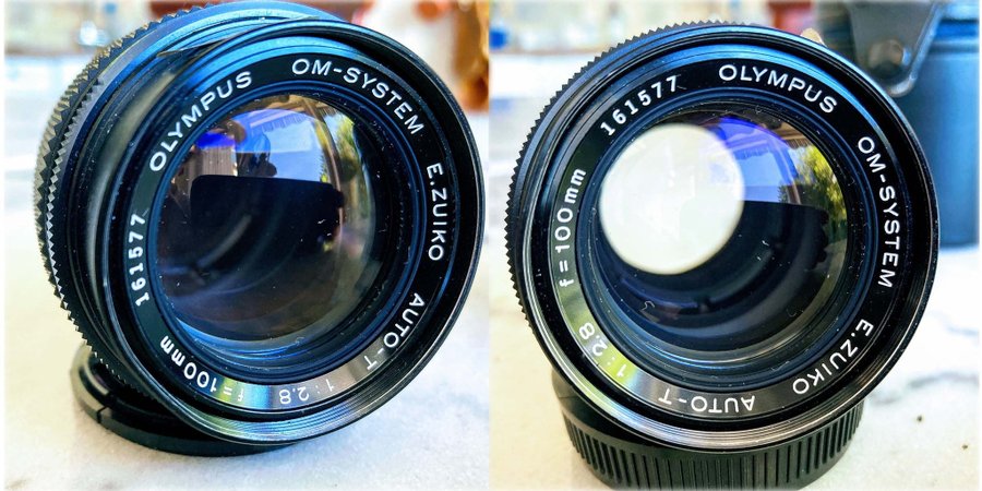 OLYMPUS OM 100mm f28 + Olympus Lens Hood + Case Mini Tele