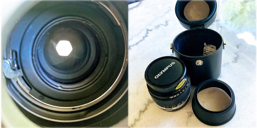OLYMPUS OM 100mm f28 + Olympus Lens Hood + Case Mini Tele