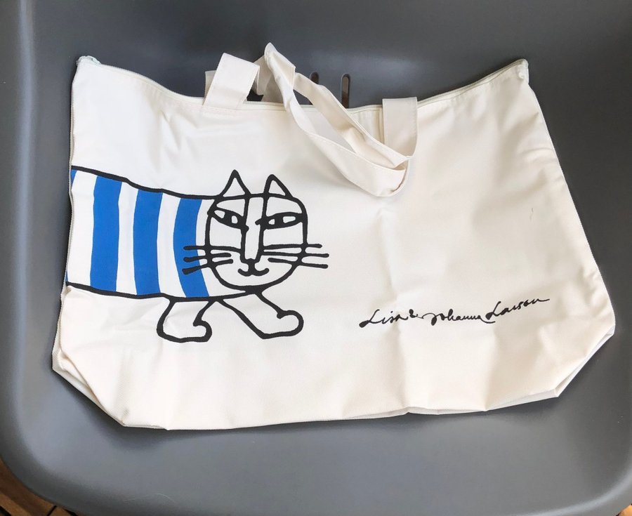 Lisa Larson stor väska bag randig katt blå vävd polyester tillverkad för Japan