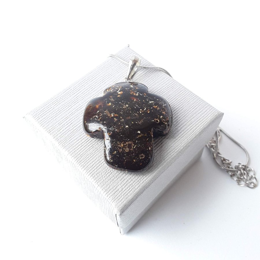 Black large Baltic amber Cross pendant Gemstone dark cross necklace jewelry gift