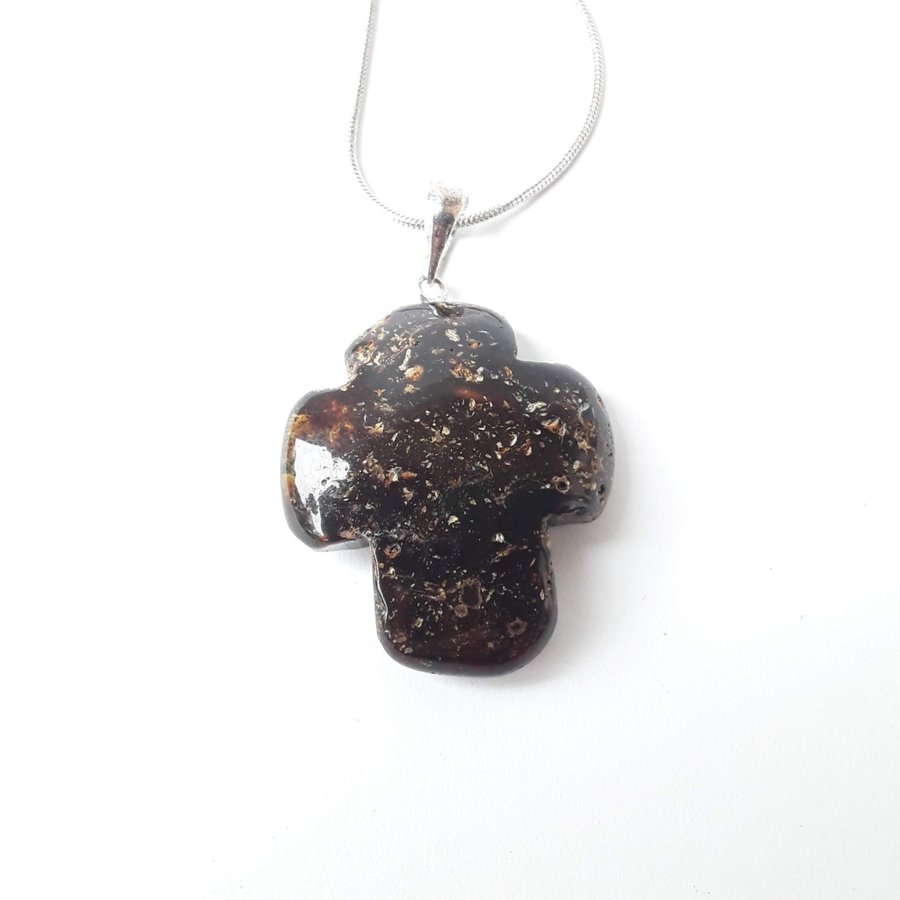Black large Baltic amber Cross pendant Gemstone dark cross necklace jewelry gift