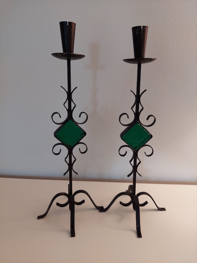 2 st smidesljusstake grönt glasGunnar Ander/Rare mid-century candlestick